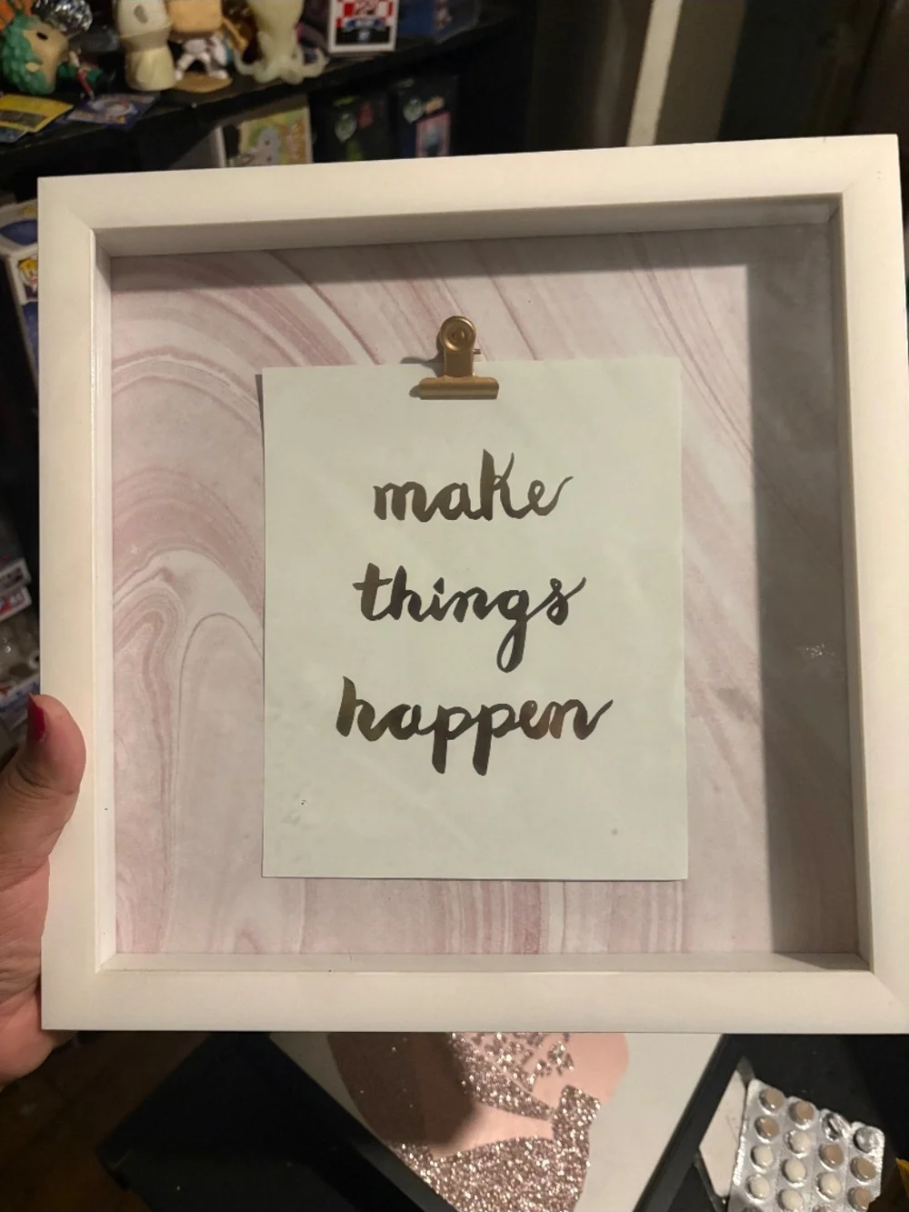 White Framed 'Make Things Happen' Wall Art with Pink Marble Backing